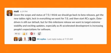 Screenshot of a Make WordPress Slack message from Matt Mullenweg saying WordPress 7.0 should return to beta releases to finalize new tables, improve stability, and restart release candidates Screenshot of a Make WordPress Slack message from Matt Mullenweg saying WordPress 7.0 should return to beta releases to finalize new tables, improve stability, and restart release candidates