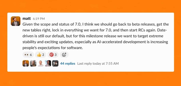 Screenshot of a Make WordPress Slack message from Matt Mullenweg saying WordPress 7.0 should return to beta releases to finalize new tables, improve stability, and restart release candidates Screenshot of a Make WordPress Slack message from Matt Mullenweg saying WordPress 7.0 should return to beta releases to finalize new tables, improve stability, and restart release candidates