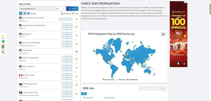 DNSChecker.org NS record DNS propagation results for www.journalancer.com showing nameserver records resolved across multiple global DNS servers including OpenDNS, Google, Quad9, WholeSale Internet, NeuStar, Quad9, Fortinet, and Yandex, with mostly green checkmarks and one red X for CenturyLink United States, alongside a world map showing mixed resolved and not-resolved status