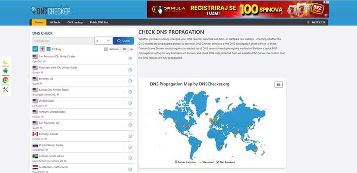DNSChecker.org Check DNS Propagation tool homepage showing a blank domain search bar set to A record type, a list of global DNS server locations from the United States to the Netherlands, and a world map titled DNS Propagation Map by DNSChecker.org with orange server location pins and a Resolved/Not Resolved legend