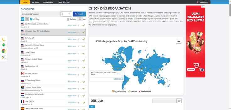 DNSChecker.org DNS propagation results for www.journalancer.com showing successful A record resolution across multiple global DNS servers including OpenDNS, Google, Quad9, WholeSale Internet, CenturyLink, NeuStar, and Fortinet, all returning IP 185.212.108.66 with green checkmarks, and a world map showing resolved status across North America, Europe, Asia, and Australia with a Google tooltip highlighting Mountain View CA