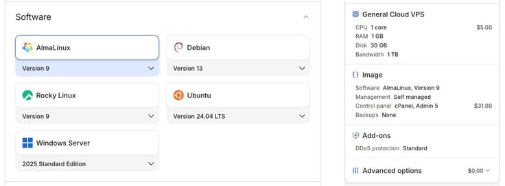 Liquid Web Cloud VPS software selection screen showing five operating system options â AlmaLinux Version 9 selected, Debian Version 13, Rocky Linux Version 9, Ubuntu 24.04 LTS, and Windows Server 2025 Standard Edition â alongside an order summary sidebar showing a General Cloud VPS with 1 core, 1 GB RAM, 30 GB disk at $5/mo with AlmaLinux and cPanel Admin 5 configured