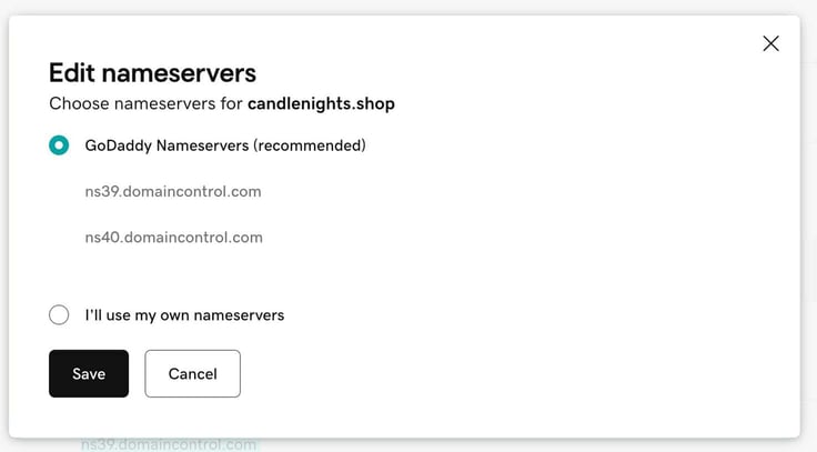 Blue check box for GoDaddy nameservers (recommended): Unchecked box for 