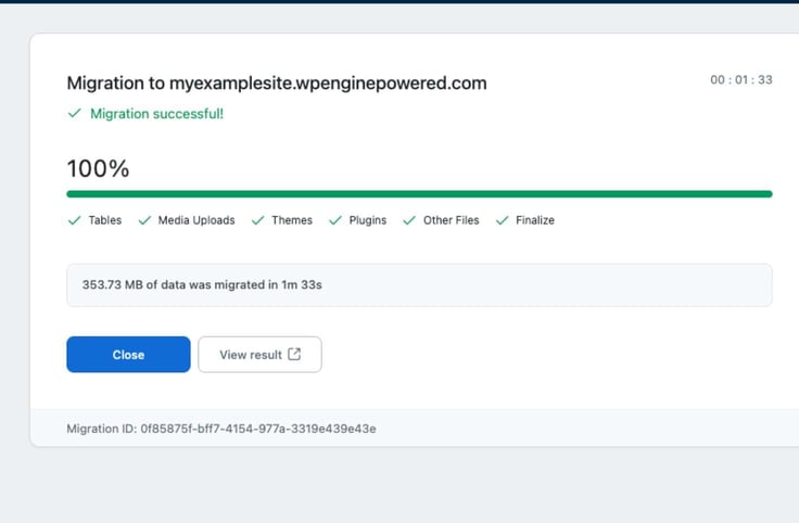 Completed WordPress site migration success screen showing 100% progress bar in green, all migration stages checked including Tables, Media Uploads, Themes, Plugins, Other Files, and Finalize, with 353.73 MB migrated in 1 minute 33 seconds