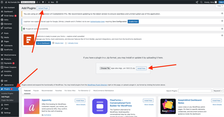 WordPress admin dashboard Add Plugins page showing the Upload Plugin interface with a WP Engine site migration zip file selected, red arrows pointing to the Plugins menu item and the Install Now button