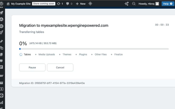 WordPress migration in progress screen showing 0% completion with 'Transferring tables' status, total data size of 353.73 MB, Tables stage actively processing, with Pause and Cancel buttons visible