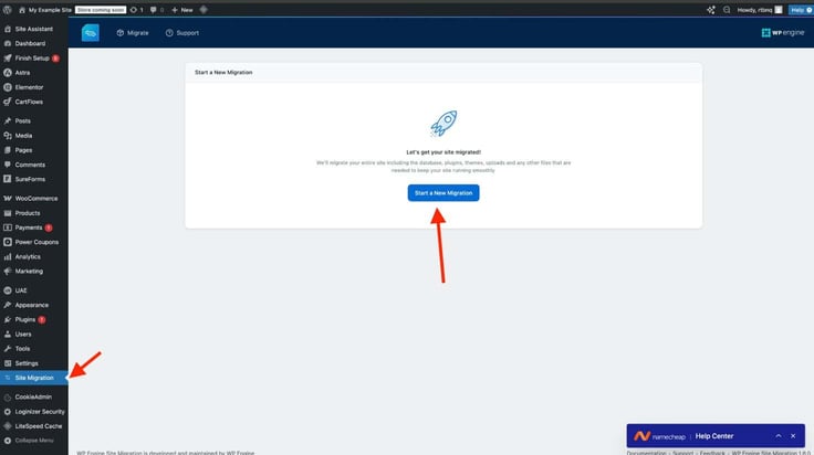 WP Engine Site Migration plugin dashboard in WordPress admin showing 'Start a New Migration' welcome screen with rocket ship graphic, red arrows highlighting the Site Migration menu item and Start a New Migration button