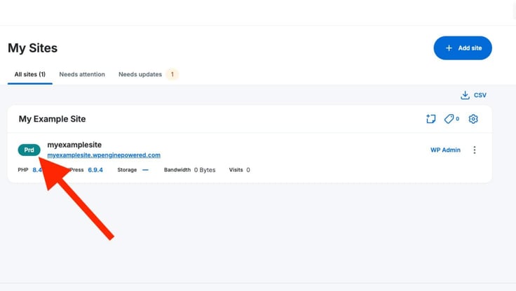 WP Engine My Sites dashboard showing a single production environment named myexamplesite running PHP 8.4 and WordPress 6.9.4, with a red arrow pointing to the Prd (Production) environment badge and site URL