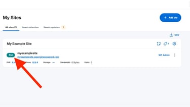 WP Engine My Sites dashboard showing a single production environment named myexamplesite running PHP 8.4 and WordPress 6.9.4, with a red arrow pointing to the Prd (Production) environment badge and site URL WP Engine My Sites dashboard showing a single production environment named myexamplesite running PHP 8.4 and WordPress 6.9.4, with a red arrow pointing to the Prd (Production) environment badge and site URL