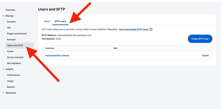 WP Engine site management left navigation panel with Users and SFTP selected, showing the SFTP Users tab with SFTP address myexamplesite.sftp.wpengine.com on port 2222, red arrows pointing to the Users and SFTP menu item and SFTP users tab