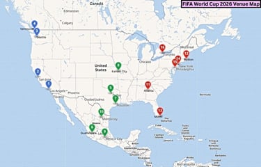 Map showing dotted locations of host cities for the 2026 World Cup Map showing dotted locations of host cities for the 2026 World Cup