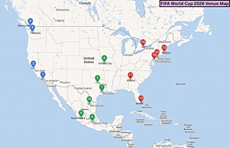 Map showing dotted locations of host cities for the 2026 World Cup Map showing dotted locations of host cities for the 2026 World Cup