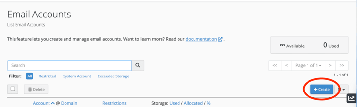 Bluehost cPanel Email Accounts list page showing the page title, unlimited accounts available with zero used, a search bar with filter tabs for All, Restricted, System Account, and Exceeded Storage, and a red annotation circle highlighting the blue Plus Create button in the lower right. Bluehost cPanel Email Accounts list page showing the page title, unlimited accounts available with zero used, a search bar with filter tabs for All, Restricted, System Account, and Exceeded Storage, and a red annotation circle highlighting the blue Plus Create button in the lower right.