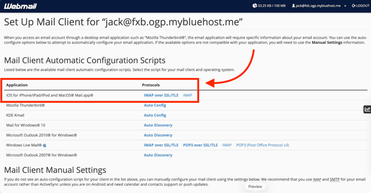 Bluehost Webmail Set Up Mail Client page with a red annotation arrow curving down and pointing left to a red rectangle highlighting the Application and Protocols table header and the first iOS Mail row showing IMAP over SSL/TLS and IMAP links, with additional rows for Mozilla Thunderbird, KDE Kmail, Windows Mail, Microsoft Outlook versions, and Windows Live Mail below. Bluehost Webmail Set Up Mail Client page with a red annotation arrow curving down and pointing left to a red rectangle highlighting the Application and Protocols table header and the first iOS Mail row showing IMAP over SSL/TLS and IMAP links, with additional rows for Mozilla Thunderbird, KDE Kmail, Windows Mail, Microsoft Outlook versions, and Windows Live Mail below.