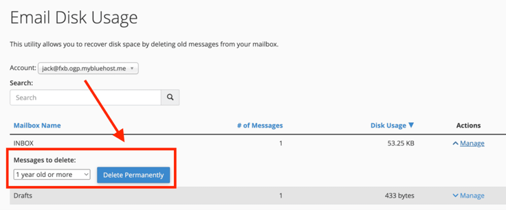 Bluehost cPanel Email Disk Usage utility showing an account dropdown set to mybluehost.me email, INBOX at 53.25 KB and Drafts at 433 bytes in the mailbox table, and a red annotation arrow pointing down to a red rectangle highlighting the expanded Messages to Delete controls with a dropdown set to 1 year or more and a blue Delete Permanently button. Bluehost cPanel Email Disk Usage utility showing an account dropdown set to mybluehost.me email, INBOX at 53.25 KB and Drafts at 433 bytes in the mailbox table, and a red annotation arrow pointing down to a red rectangle highlighting the expanded Messages to Delete controls with a dropdown set to 1 year or more and a blue Delete Permanently button.