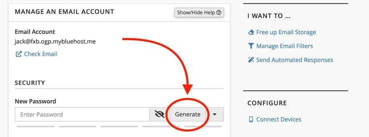 Bluehost cPanel Manage an Email Account panel showing the account address jack@fxb.ogp.mybluehost.me with a Check Email link, a Security section with a New Password input and visibility toggle, and a red annotation arrow pointing down to a red circle highlighting the Generate button, with a right sidebar showing Free up Email Storage, Manage Email Filters, Send Automated Responses, and Connect Devices links. Bluehost cPanel Manage an Email Account panel showing the account address jack@fxb.ogp.mybluehost.me with a Check Email link, a Security section with a New Password input and visibility toggle, and a red annotation arrow pointing down to a red circle highlighting the Generate button, with a right sidebar showing Free up Email Storage, Manage Email Filters, Send Automated Responses, and Connect Devices links.