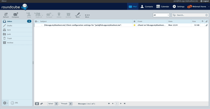 Roundcube webmail inbox interface for a Bluehost-hosted email account showing the dark navy top bar with Mail tab active, Contacts, Calendar, Settings, and Webmail Home navigation, a left folder panel listing Inbox with a blue unread badge of 1, Drafts, Sent, Junk, Trash, and Archive, and one starred cPanel client configuration email dated Monday at 12:24 sized 53 KB, with no annotation marks present. Roundcube webmail inbox interface for a Bluehost-hosted email account showing the dark navy top bar with Mail tab active, Contacts, Calendar, Settings, and Webmail Home navigation, a left folder panel listing Inbox with a blue unread badge of 1, Drafts, Sent, Junk, Trash, and Archive, and one starred cPanel client configuration email dated Monday at 12:24 sized 53 KB, with no annotation marks present.