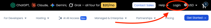 Dark Bluehost website navigation header showing a black promotional banner advertising ChatGPT, Claude, Gemini, and Grok with a yellow-gold price badge, and a red annotation arrow pointing up from the secondary white nav bar to a red circle highlighting the Login link in the upper right corner. Dark Bluehost website navigation header showing a black promotional banner advertising ChatGPT, Claude, Gemini, and Grok with a yellow-gold price badge, and a red annotation arrow pointing up from the secondary white nav bar to a red circle highlighting the Login link in the upper right corner.