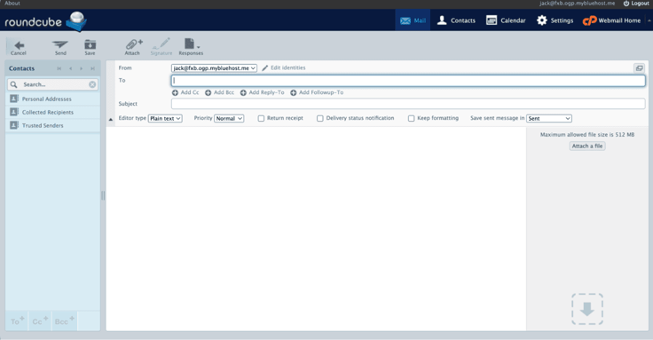 Roundcube webmail compose screen for a Bluehost-hosted account showing Cancel, Send, Save, and Attach toolbar buttons, a left Contacts sidebar with Personal Addresses, Collected Recipients, and Trusted Senders, a compose form with From pre-filled, empty To and Subject fields, Cc and Bcc options, editor type set to Plain text, priority set to Normal, and a drag-and-drop attachment area in the lower right, with no annotation marks present. Roundcube webmail compose screen for a Bluehost-hosted account showing Cancel, Send, Save, and Attach toolbar buttons, a left Contacts sidebar with Personal Addresses, Collected Recipients, and Trusted Senders, a compose form with From pre-filled, empty To and Subject fields, Cc and Bcc options, editor type set to Plain text, priority set to Normal, and a drag-and-drop attachment area in the lower right, with no annotation marks present.