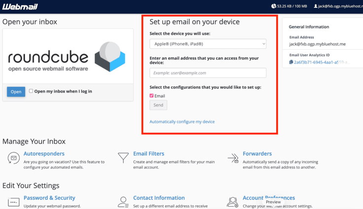 Bluehost Webmail home screen with a red annotation rectangle highlighting the Set up email on your device panel, which includes a device dropdown set to Apple iPhone iPad, an empty email address input field, a checked Email configuration checkbox, a grayed-out Send button, and an Automatically configure my device link, with the Roundcube inbox panel and inbox management links visible alongside. Bluehost Webmail home screen with a red annotation rectangle highlighting the Set up email on your device panel, which includes a device dropdown set to Apple iPhone iPad, an empty email address input field, a checked Email configuration checkbox, a grayed-out Send button, and an Automatically configure my device link, with the Roundcube inbox panel and inbox management links visible alongside.