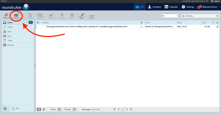 Roundcube webmail inbox interface showing the dark navy top bar, a left folder panel with Inbox displaying a blue unread badge of 1, one starred cPanel configuration email in the message list, and a red annotation arrow curving from the message area up and left to a red circle highlighting the Compose button in the toolbar. Roundcube webmail inbox interface showing the dark navy top bar, a left folder panel with Inbox displaying a blue unread badge of 1, one starred cPanel configuration email in the message list, and a red annotation arrow curving from the message area up and left to a red circle highlighting the Compose button in the toolbar.