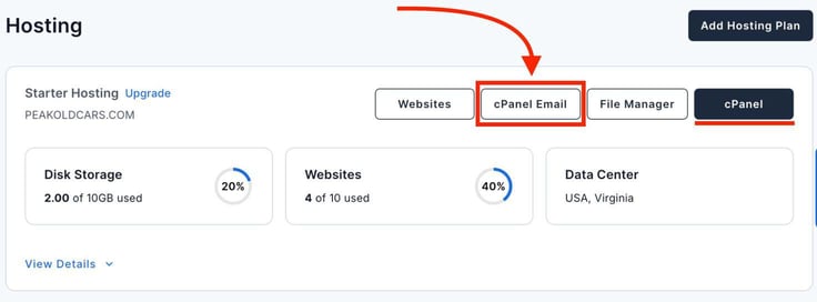 Bluehost hosting dashboard card for Starter Hosting on PEAKOLDCARS.COM with a red annotation arrow curving down from the top and pointing to the cPanel Email button outlined in a red rectangle, alongside Websites, File Manager, and a filled navy cPanel button, and stat tiles showing Disk Storage at 20 percent, Websites at 40 percent, and Data Center as USA Virginia. Bluehost hosting dashboard card for Starter Hosting on PEAKOLDCARS.COM with a red annotation arrow curving down from the top and pointing to the cPanel Email button outlined in a red rectangle, alongside Websites, File Manager, and a filled navy cPanel button, and stat tiles showing Disk Storage at 20 percent, Websites at 40 percent, and Data Center as USA Virginia.