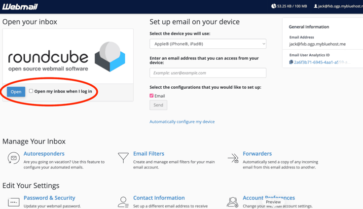 Bluehost Webmail home screen showing the Roundcube open source webmail logo, a device setup panel with Apple iPhone iPad dropdown and checked Email checkbox, a General Information sidebar with the account address and analytics ID, inbox management links for Autoresponders, Email Filters, and Forwarders, and a red annotation circle highlighting the blue Open button and open-on-login checkbox in the inbox panel. Bluehost Webmail home screen showing the Roundcube open source webmail logo, a device setup panel with Apple iPhone iPad dropdown and checked Email checkbox, a General Information sidebar with the account address and analytics ID, inbox management links for Autoresponders, Email Filters, and Forwarders, and a red annotation circle highlighting the blue Open button and open-on-login checkbox in the inbox panel.