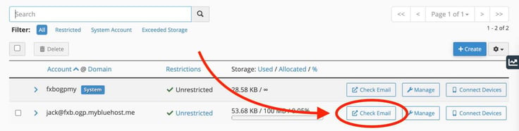 Bluehost cPanel Email Accounts table showing Bluehost email with updated storage of 53.68 KB out of 100 MB at 0.05 percent, with a red annotation arrow curving down from above and pointing to the Check Email button for that account, which is also circled in red. Bluehost cPanel Email Accounts table showing Bluehost email with updated storage of 53.68 KB out of 100 MB at 0.05 percent, with a red annotation arrow curving down from above and pointing to the Check Email button for that account, which is also circled in red.