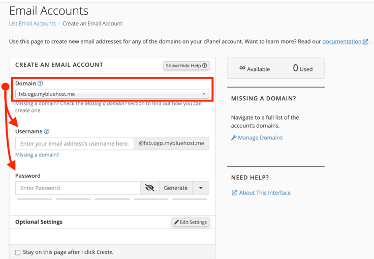 Bluehost cPanel Create an Email Account form with a red annotation rectangle highlighting the Domain dropdown pre-filled with fxb.ogp.mybluehost.me, a red arrow pointing down to the Username input field with domain suffix label, and a second red arrow continuing down to the Password field with visibility toggle and Generate button. Bluehost cPanel Create an Email Account form with a red annotation rectangle highlighting the Domain dropdown pre-filled with fxb.ogp.mybluehost.me, a red arrow pointing down to the Username input field with domain suffix label, and a second red arrow continuing down to the Password field with visibility toggle and Generate button.
