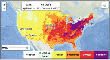 NOAA's heat risk map for July 3, 2026, showing moderate to extreme heat wave warnings