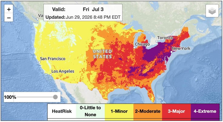 NOAA's heat risk map for July 3, 2026, showing moderate to extreme heat wave warnings
