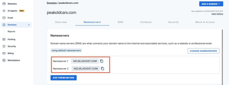 Bluehost domain management page for peakoldcars.com showing the Nameservers tab active with a using default nameservers badge and a Change Nameservers button, and a red annotation rectangle highlighting the two nameserver fields showing NS1.BLUEHOST.COM and NS2.BLUEHOST.COM each with a copy icon, alongside an Add Premium DNS button below. Bluehost domain management page for peakoldcars.com showing the Nameservers tab active with a using default nameservers badge and a Change Nameservers button, and a red annotation rectangle highlighting the two nameserver fields showing NS1.BLUEHOST.COM and NS2.BLUEHOST.COM each with a copy icon, alongside an Add Premium DNS button below.