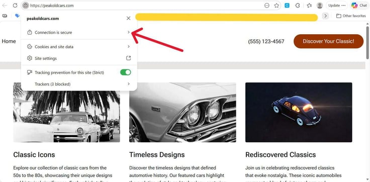 Microsoft Edge browser showing the peakoldcars.com website with a site information popup open displaying Connection is secure with a red annotation arrow pointing to it, Cookies and site data, Site settings, and Tracking prevention for this site set to Strict with a green toggle and 3 trackers blocked, with the website visible behind showing three classic car image cards labeled Classic Icons, Timeless Designs, and Rediscovered Classics. Microsoft Edge browser showing the peakoldcars.com website with a site information popup open displaying Connection is secure with a red annotation arrow pointing to it, Cookies and site data, Site settings, and Tracking prevention for this site set to Strict with a green toggle and 3 trackers blocked, with the website visible behind showing three classic car image cards labeled Classic Icons, Timeless Designs, and Rediscovered Classics.