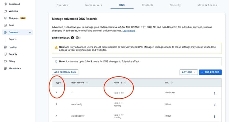 Bluehost domain management page for peakoldcars.com showing the DNS tab active with the Manage Advanced DNS Records panel, a yellow caution banner warning that only advanced users should make changes, a blue note about 24 to 48 hour DNS propagation time, Add Premium DNS and Add Record buttons, and the DNS records table showing two red annotation circles â one around the Type column showing an A record and one around the blurred Point To IP address value â with additional rows for autoconfig and autodiscover A records below. Bluehost domain management page for peakoldcars.com showing the DNS tab active with the Manage Advanced DNS Records panel, a yellow caution banner warning that only advanced users should make changes, a blue note about 24 to 48 hour DNS propagation time, Add Premium DNS and Add Record buttons, and the DNS records table showing two red annotation circles â one around the Type column showing an A record and one around the blurred Point To IP address value â with additional rows for autoconfig and autodiscover A records below.