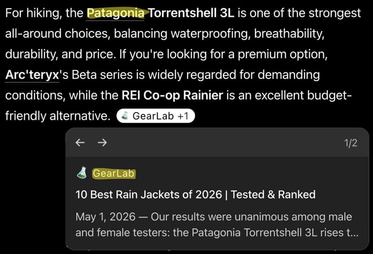 Screenshot of ChatGPT search showing Patagonia's brand name but not in citations