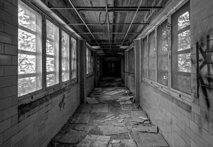 Black and white delapidated hallway Black and white delapidated hallway