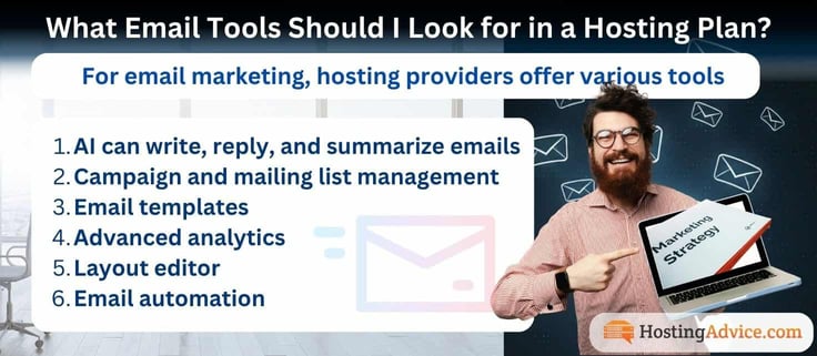 Infographic titled "What Email Tools Should I Look for in a Hosting Plan?" with subheading "For email marketing, hosting providers offer various tools." A numbered list covers six features: AI that can write, reply, and summarize emails; campaign and mailing list management; email templates; advanced analytics; a layout editor; and email automation. A bearded man in glasses points to a laptop screen labeled "Marketing Strategy," surrounded by illustrated envelope icons, with the HostingAdvice.com logo in the bottom right. Infographic titled "What Email Tools Should I Look for in a Hosting Plan?" with subheading "For email marketing, hosting providers offer various tools." A numbered list covers six features: AI that can write, reply, and summarize emails; campaign and mailing list management; email templates; advanced analytics; a layout editor; and email automation. A bearded man in glasses points to a laptop screen labeled "Marketing Strategy," surrounded by illustrated envelope icons, with the HostingAdvice.com logo in the bottom right.