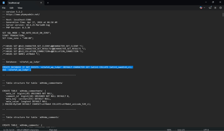 SQL database export file opened in a text editor, showing MySQL database creation commands and WordPress table structure definitions for comment metadata and comments. SQL database export file opened in a text editor, showing MySQL database creation commands and WordPress table structure definitions for comment metadata and comments.