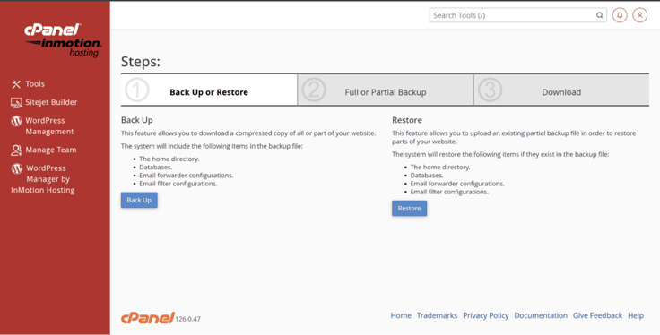 cPanel "Back Up or Restore" tool with a three-step wizard interface for downloading or uploading a compressed website backup covering the home directory, databases, and email configurations. cPanel "Back Up or Restore" tool with a three-step wizard interface for downloading or uploading a compressed website backup covering the home directory, databases, and email configurations.