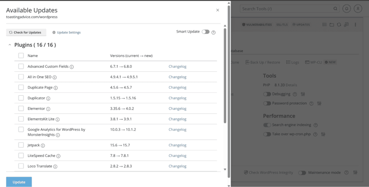 WordPress plugin update manager listing multiple installed plugins with their current and available versions, including Advanced Custom Fields, Elementor, Jetpack, and LiteSpeed Cache, alongside site performance toggles and PHP version details. WordPress plugin update manager listing multiple installed plugins with their current and available versions, including Advanced Custom Fields, Elementor, Jetpack, and LiteSpeed Cache, alongside site performance toggles and PHP version details.
