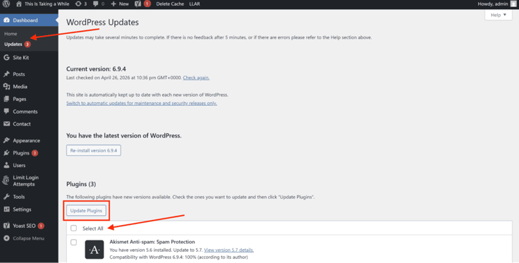 WordPress admin dashboard Updates page showing the current core version confirmed up to date, with a list of plugins awaiting updates including an anti-spam protection plugin. A red arrow pointing to select all box and update plugins button. WordPress admin dashboard Updates page showing the current core version confirmed up to date, with a list of plugins awaiting updates including an anti-spam protection plugin. A red arrow pointing to select all box and update plugins button.