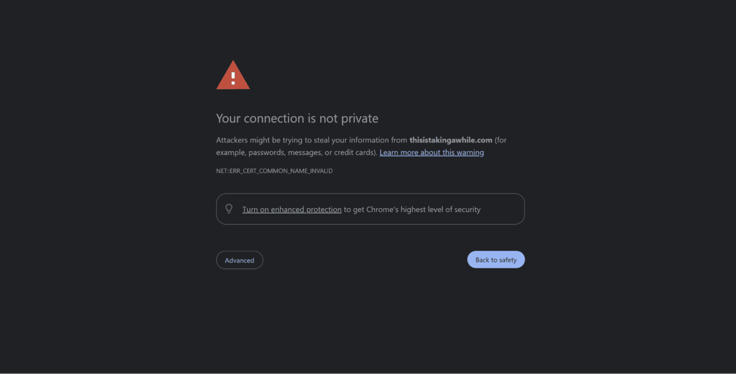 Browser security warning page with a red alert triangle reading "Your connection is not private," flagging a certificate name mismatch for a website domain. Browser security warning page with a red alert triangle reading "Your connection is not private," flagging a certificate name mismatch for a website domain.