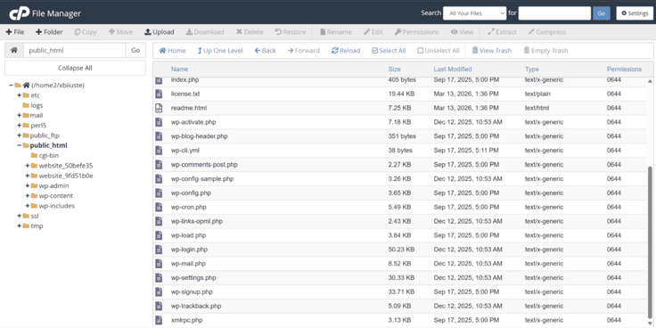 cPanel File Manager directory view of a WordPress public_html root folder, listing core WordPress system files such as configuration, login, and cron files with their sizes and permission settings. cPanel File Manager directory view of a WordPress public_html root folder, listing core WordPress system files such as configuration, login, and cron files with their sizes and permission settings.