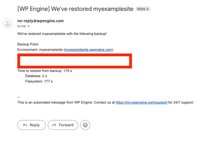 Gmail inbox showing a WP Engine automated email notification titled Gmail inbox showing a WP Engine automated email notification titled