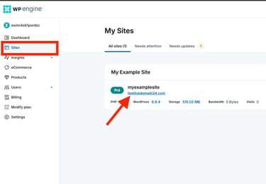 WP Engine User Portal "My Sites" dashboard with a red box highlighting the Sites tab in the left sidebar navigation and a red arrow pointing to the myexamplesite production site card, showing WordPress version 6.9.4, 515.02 MB storage used, and zero bandwidth and visits.