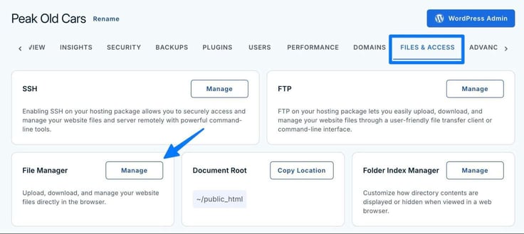 Bluehost's website management dashboard for Bluehost's website management dashboard for