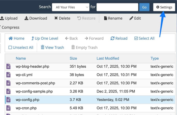 A file manager interface lists root-level WordPress files such as wp-blog-header.php, wp-cli.yml, wp-comments-post.php, wp-config-sample.php, and the selected wp-config.php file (highlighted in blue, 3.7 KB, modified yesterday), with a blue arrow pointing to the Settings gear icon in the top toolbar alongside Upload, Download, Delete, Restore, Rename, and Edit options. A file manager interface lists root-level WordPress files such as wp-blog-header.php, wp-cli.yml, wp-comments-post.php, wp-config-sample.php, and the selected wp-config.php file (highlighted in blue, 3.7 KB, modified yesterday), with a blue arrow pointing to the Settings gear icon in the top toolbar alongside Upload, Download, Delete, Restore, Rename, and Edit options.