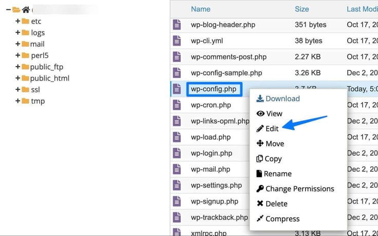 A file manager directory tree on the left shows folders including etc, logs, mail, perl5, public_ftp, public_html, ssl, and tmp, while the right panel lists WordPress core files with wp-config.php selected and boxed in blue, and a right-click context menu displaying Download, View, Edit, Move, Copy, Rename, Change Permissions, Delete, and Compress options, with a blue arrow pointing to the Edit action. A file manager directory tree on the left shows folders including etc, logs, mail, perl5, public_ftp, public_html, ssl, and tmp, while the right panel lists WordPress core files with wp-config.php selected and boxed in blue, and a right-click context menu displaying Download, View, Edit, Move, Copy, Rename, Change Permissions, Delete, and Compress options, with a blue arrow pointing to the Edit action.