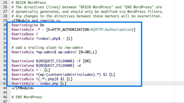 A close-up code editor view of the .htaccess WordPress rewrite section, boxed in blue from lines 30 through 43, details the complete RewriteEngine, RewriteRule, and RewriteCond directives including the wp-admin trailing slash rule and file/directory existence checks required for WordPress multisite subdomain routing to resolve correctly. A close-up code editor view of the .htaccess WordPress rewrite section, boxed in blue from lines 30 through 43, details the complete RewriteEngine, RewriteRule, and RewriteCond directives including the wp-admin trailing slash rule and file/directory existence checks required for WordPress multisite subdomain routing to resolve correctly.