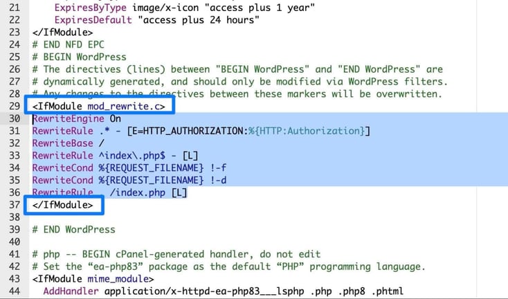 A code editor view of an .htaccess file highlights the WordPress rewrite rules block between IfModule mod_rewrite.c and /IfModule tags on lines 29 through 37, with RewriteEngine, RewriteRule, and RewriteCond directives shaded in blue to mark the section requiring multisite configuration edits, just above the cPanel-generated PHP handler code. A code editor view of an .htaccess file highlights the WordPress rewrite rules block between IfModule mod_rewrite.c and /IfModule tags on lines 29 through 37, with RewriteEngine, RewriteRule, and RewriteCond directives shaded in blue to mark the section requiring multisite configuration edits, just above the cPanel-generated PHP handler code.